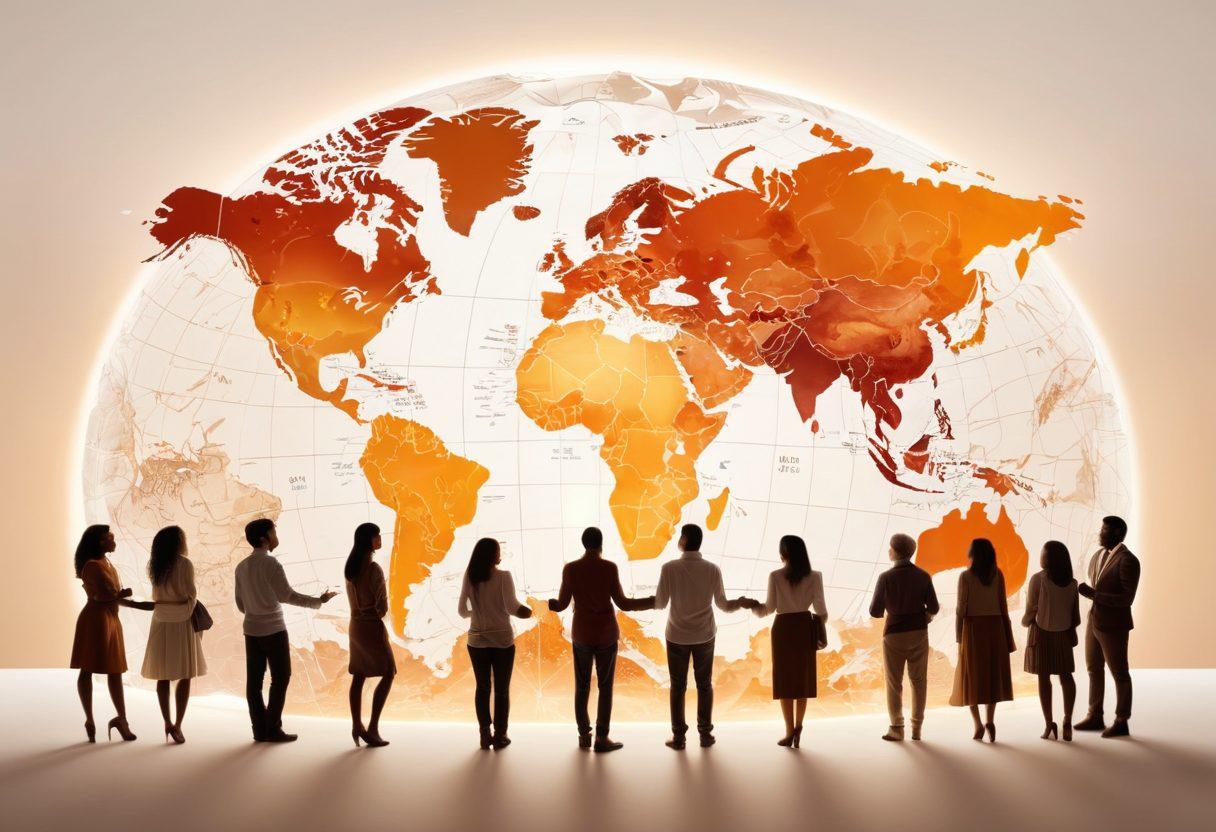 A diverse group of people from different cultures, standing together, sharing ideas with glowing energy around them, symbolizing unity and partnership. They are surrounded by maps and landmarks, representing a global community. The background features soft earth tones and warm sunlight, highlighting the warmth of relationships. super-realistic. vibrant colors. white background.