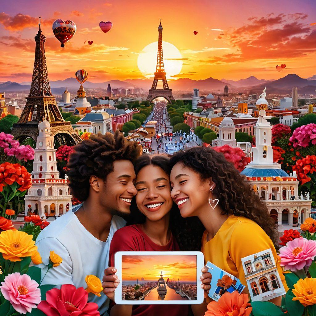 A heartwarming scene of couples from different cultures joyfully connecting via video call, surrounded by iconic landmarks representing their countries, intertwined with vibrant symbols of love such as hearts and flowers. The background is filled with warm colors depicting a sunset, signifying hope and unity in diversity. super-realistic. vibrant colors. 3D.