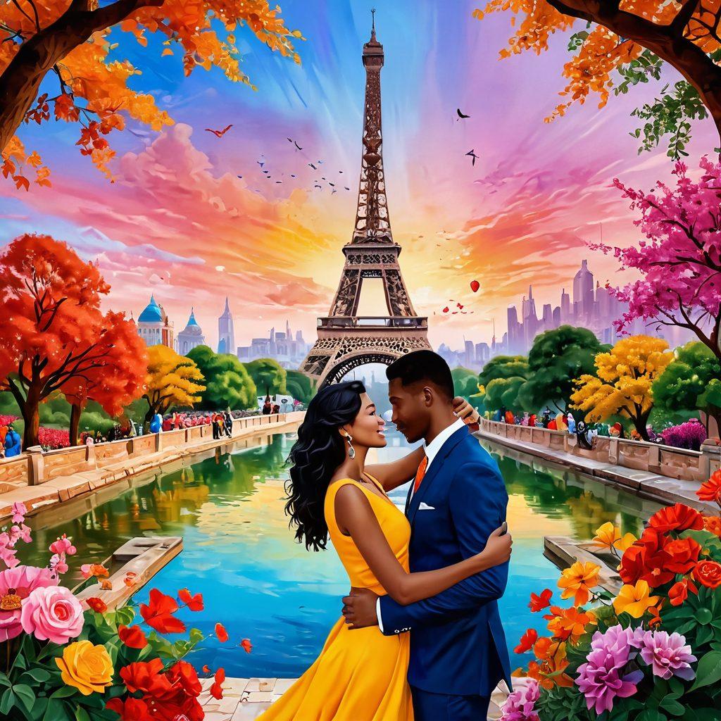 A captivating montage symbolizing global romance, featuring diverse couples from different cultures engaging in heartfelt moments. Include iconic landmarks from various countries like the Eiffel Tower, Taj Mahal, and Great Wall of China in the background, surrounded by vibrant flora representing unity. The color palette should be warm and inviting, conveying love and connection across borders. digital painting. vibrant colors. soft focus.